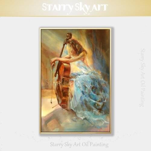 Skilled Artist Hand-painted High Quality Impressionist Art Musician Figure Oil Painting on Canvas Lady with Cello Oil Painting