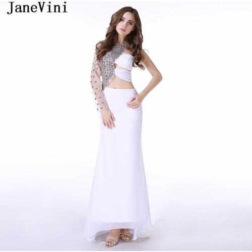JaneVini 2019 Sexy White Mermaid Long Evening Dresses One Shoulder Luxury Crystals Turkish Dubai Chiffon Dress Vestido Comprido