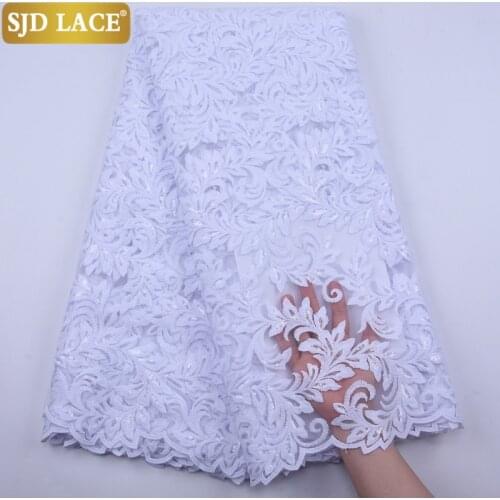 SJD LACE Pure White French African Lace Fabric With Sequines Fabric Sewing High Quality Soft Milk Silk Lace For Party DressA1876