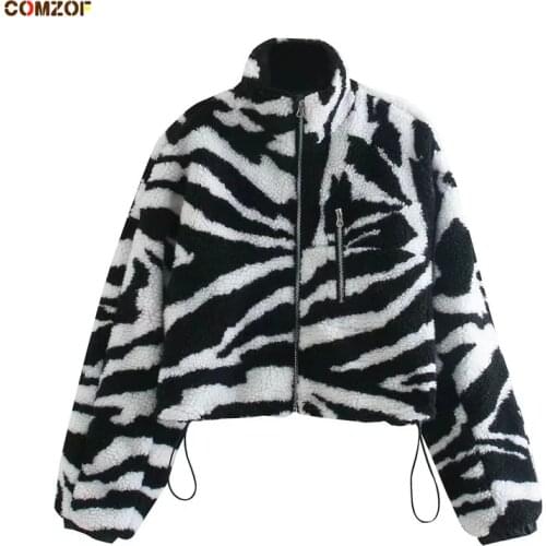 Zebra-Stripe Women Thick Jackets Long Sleeve Lamb Wool Coats Autumn Winter Drawstring Zipper Streetwear Clothing Femme Veste