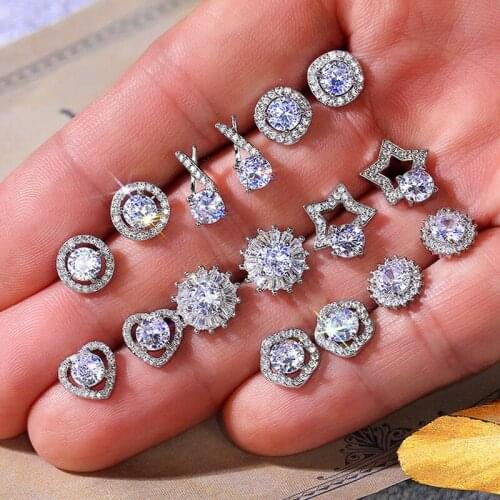 Multistyle Sparkly Zircon Stud Earring Women Flower Heart Earrings Fashion Jewelry Accessories for Gift Party