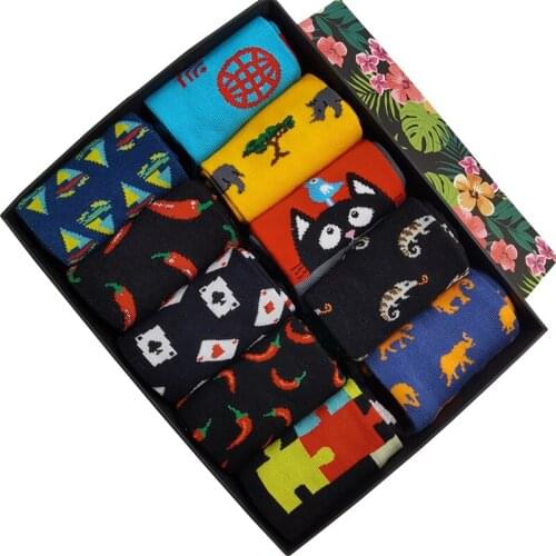 10 Pairs/Pack Mens Fun Dress Socks Colorful Funny Novelty Casual Cotton Fashion Style Design Skateboard Sock Unisex