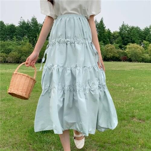 2019 Summer New Japanese Fresh Air Teens Girls High Waist Mid-length Student Campus Prairie Chic Skirt