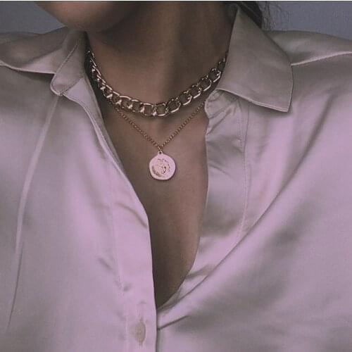 Punk Hiphop Cuban Thick Chain Choker Necklace for Women Retro Carved Coin Portrait Pendant Necklace Charm Jewelry