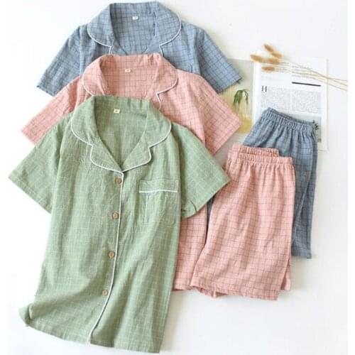 Full cotton pijamas women new short sleeve shorts set fashion plaid sleep tops + pant two piece suit pajamas female sleepwear