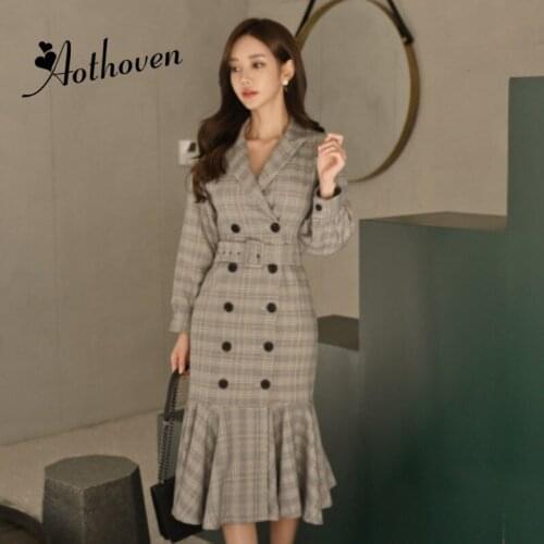 Women Plus Size Mermaid Dress Autumn Gray Full Sleeve Double Breasted Plaid Dress Vintage Office Club Suit Wrap Dresses Vestidos