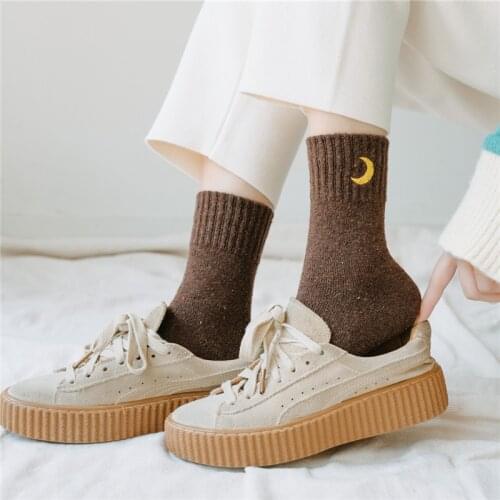 Clearance Sale Autumn Winter Woman Socks Moon Embroidery Thicken Warm Long Socks Harajuku Retro Thermal Cashmere Wool Crew Socks