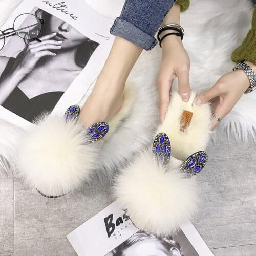 Slippers women Design Double Heart Rhinestone Ear Natural Rabbit Fur Headgear Slippers Flat Shoes Half Drag Womens Shoes