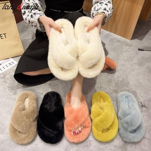 Warm Fluffy Slippers Women Cozy Faux Fur Cross Indoor Floor Slides Flat Soft Furry Shoes Ladies Female Celebrities Flip Flops 42