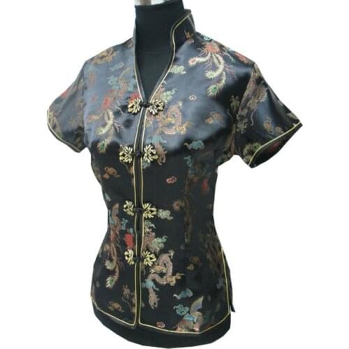 Chinese Traditional Black Women Silk Satin Shirt Top Handmade Button Blouse Vintage Totem Costume Size S M L XL XXL XXXL WS003