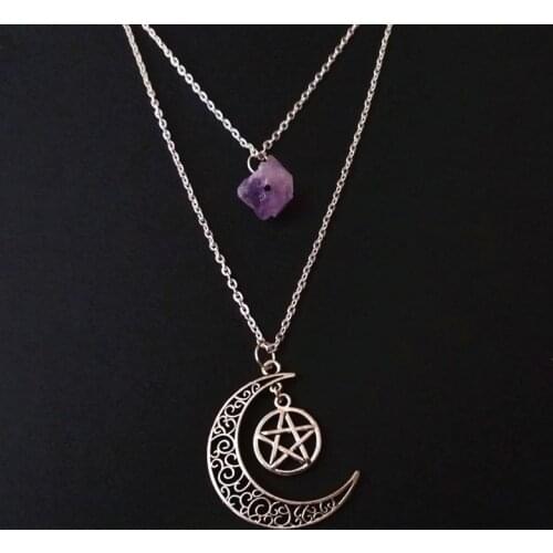 Witch Layered Violet Crystal and Moon Necklace Pentagram Raw Crystal Gothic Punk Jewellery Statement Charm Fashion Women Gift