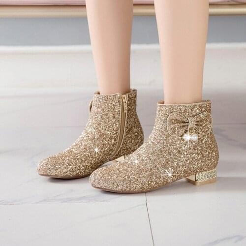 OLOMLB US4-11 Womens Sequins Bling Ankle Boots Bowknot Pearls Wedding Sweet Block Chunky Low Heel Side Zip Shoes Gold Plus