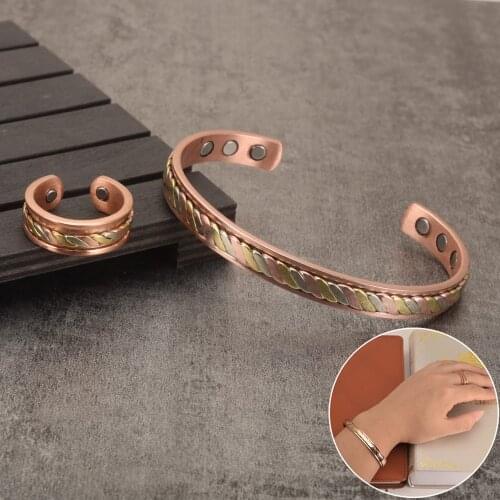 Jewelry-Set Magnetic Copper Bracelet Ring Healing Energy Jewelry Sets for Women Rose Gold Adjustable Cuff Ring Bracelets Bangles