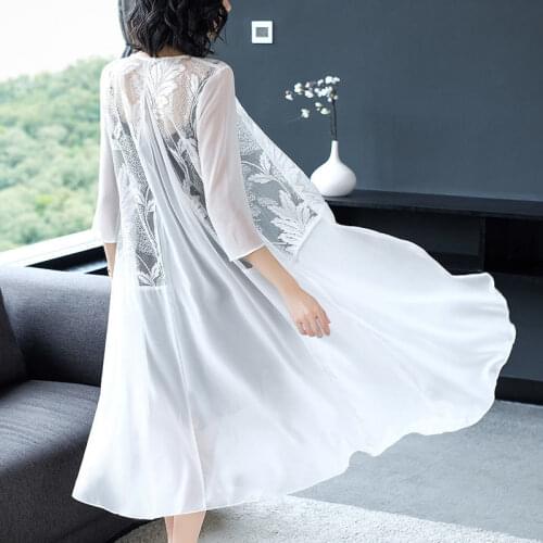 Summer Fashion Women Lady Lace Embroidery Maxi Kimono Cardigan Chiffon Shirts Open Front Loose Sun Protection Blouses X122