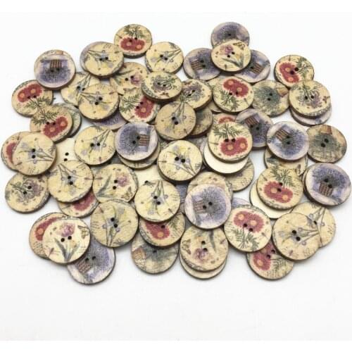 100pcs Natural Mixed Flowers and Grass Painted Buttons 2 Holes DIY Wood Round Button Scrapbook Sewing Accessories Embellishments