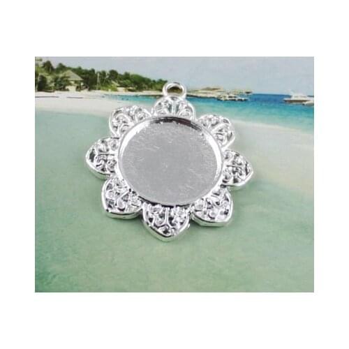 150 Silver Color plated Cabochon Settings Pendant Trays glue on bail picture frame flower charm A12188SP