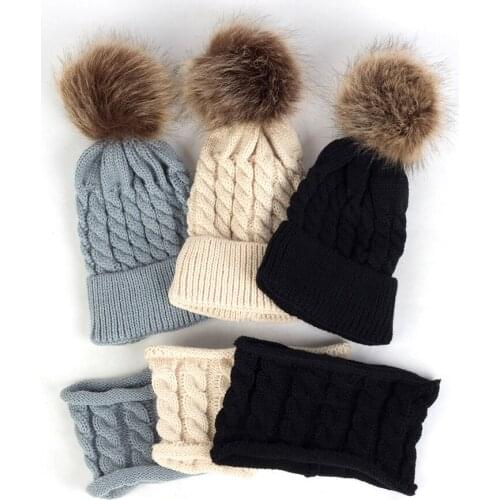 Baby Accessories 2pcs Beanie Bib Winter Warm Cap Scarf Kids Girl Boy Knitting Outdoor Pompom Hat