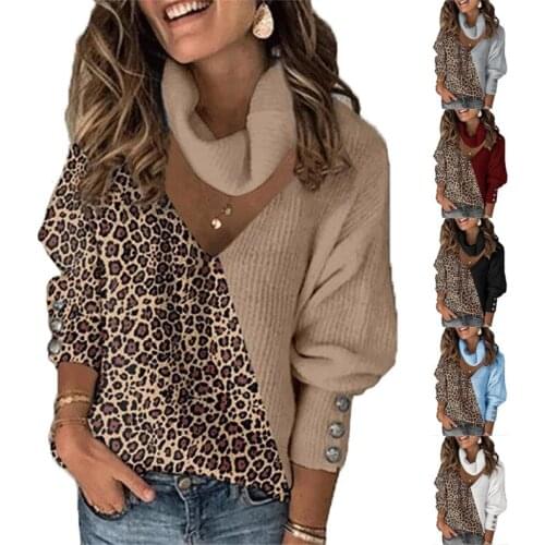 2021 Autumn Winter Pullover Sweater Women Turtleneck Long Sleeve Hollow Out Leopard Print Patchwork Warm Sweaters Fall Tops 3XL