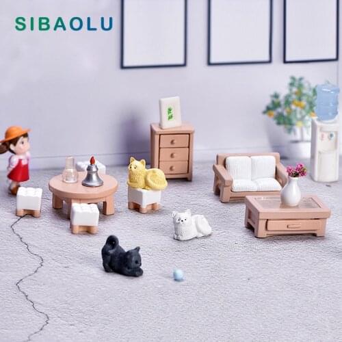 22pcs Furniture Bed Sofa Table Vase Cat Resin Figurine Model Diy Home Decor Miniature Fairy Garden Decoration Accessories Modern
