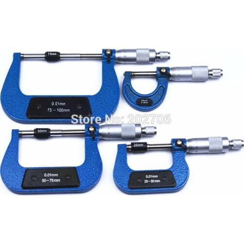 4Pcs/Set 0-100mm Outside Micrometers Measuring Tools Caliper Thickness Gauge 0-25mm 25-50mm, 50-75mm 75-100mm Micrometer Set