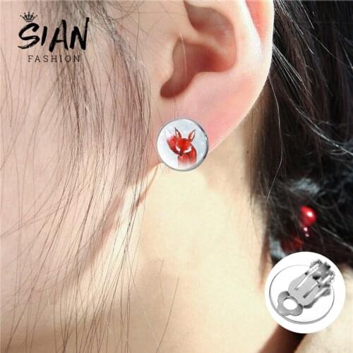 SIAN Lovely Little Fox Animal Earrings Badge Smart Fox Cartoon Retro Photo Crystal Earrings Clip For Women Child Jewelry Hot