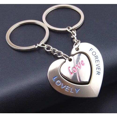 FREE SHIPPING by FEDEX 100pairs/lot New Lovely Metal Two Hearts Keychains Couple Heart Keyrings for Lovers Gifts Forever Love