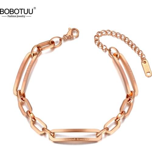 BOBOTUU 316L Rose Gold Stainless Steel Bohemia Beach Chain & Link Bracelets For Women Trendy Good Lucky Charm Bracelet BB20127