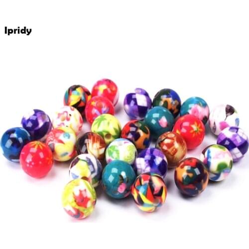 Free shipping (50 Pieces/lot) 12mm Resin Printing Flower Pattern Round Loose Beads Mix Color For Jewelry Making