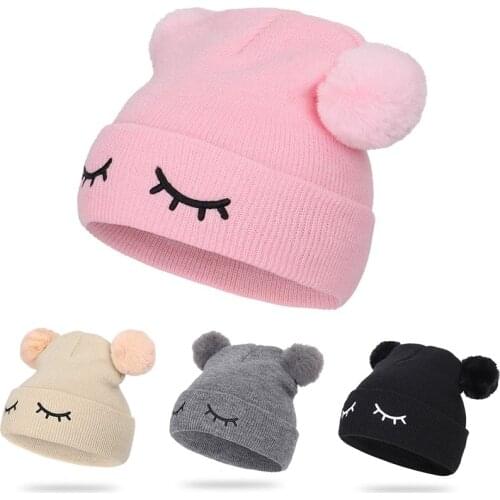 Baby Winter Warm Knit Hat Cap Double Pompom Solid Warm Caps Kids Boy Girls Lovely Embroidery Eye Furry Balls Beanie