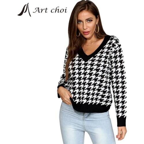 Elegant Autumn Winter Spring Women Houndstooth Knitted Sweater Pullover Female Ladies Knitwear Simple All-match Tops V-Neck