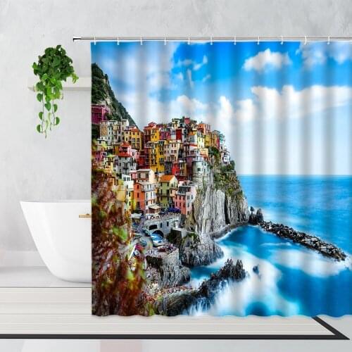 European Town Coast Scenery Shower Curtains Manarola Landscape Home Decor Background Wall Decoration Bathroom Bath Curtain Set