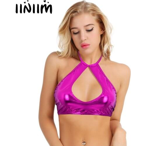 Iiniim Womens Lady Female Tops Shiny Metallic Sleeveless T-Shirt Tank Tops Cut Out Strappy Crop Tops Sexy Clubwear Beach Vest