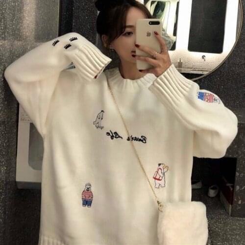 Korean Preppy Style Tender Girl Cute Kawaii Bear Sweater Harajuku Vintage Cartoon Embroidery Loose Offiec Lady Women Pullovers