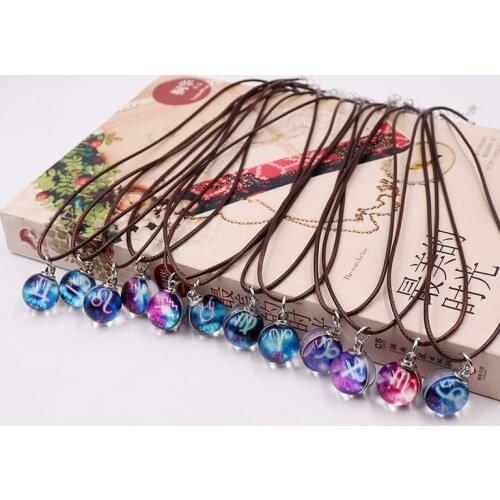 Fashion Retro Necklace12 Zodiac Signs Pendant Twelve Constellations Necklace Leo Aries Virgo Taurus Crystal Glass Ball Necklace