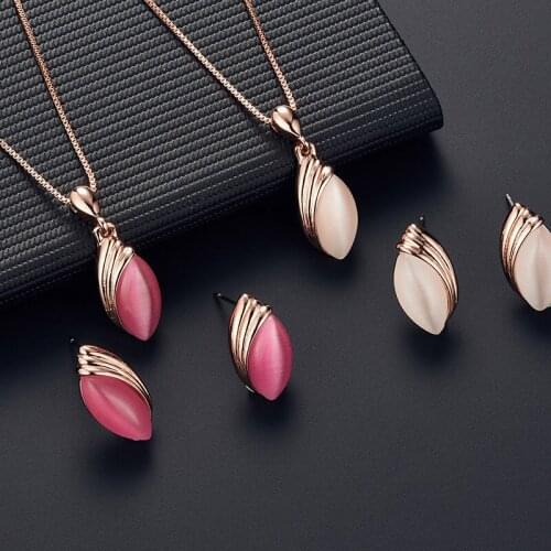 Fashion Cute Opal Inlaid Water Drop Pendent Earrings Necklace Set Korean Neck Ear Jewelry Sets for Women Girls Gift Wholesale