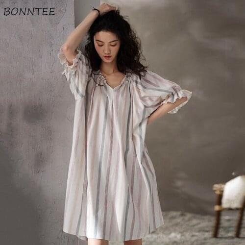 Nightgowns Women Casual Simple Ladies Striped Elegant Ruffle Lounge Wear Summer Fashion Basic Loose Retro Sleepwear V-neck Soft