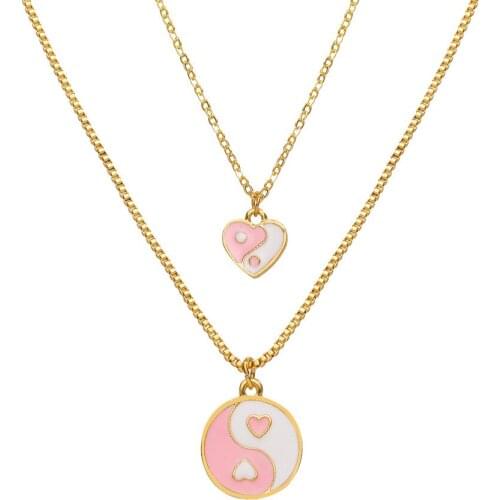 Fashion Gold Color Choker Necklace Women Double Link Chains Necklaces Enamel Heart Round Pendant Necklaces For Women