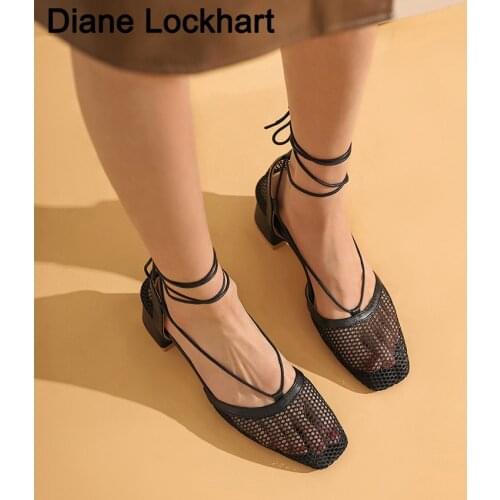 Summer Sexy Mesh Pumps Ankle straps sandals Gladiator Female Square Toe High Heel Spring Hollow Party Dress Heels Ladies shoes