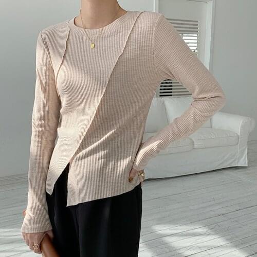 Chic T-shirt Womens Autumn New Style T-shirt With Slits Irregular Slim Bottoming Shirt Long-sleeved Harajuku Style Qm