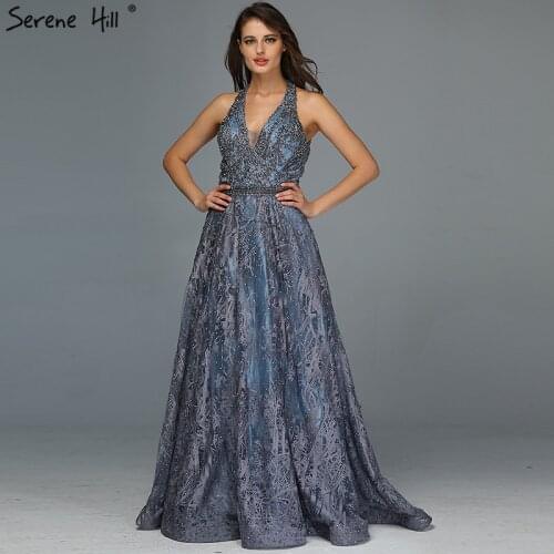 Blue Sleeveless Crystal A-Line Evening Dressese 2020 Dubai Sexy Halter Formal Dress Design Serene Hill LA70158
