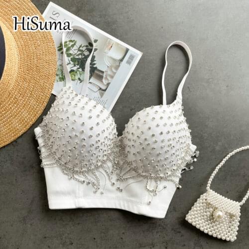 2021 summer womens V-neck strap rhinestones tassel camisole Tube top bra one piece belt pad Performance Corset female underwear