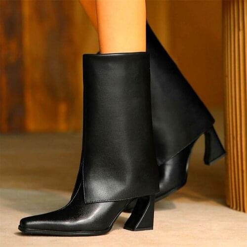 Party Pumps Women Genuine Leather Mid Calf Boots Pants Pointed Toe High Heels Sexy Motorcycle Creeper Shoe 34 35 36 37 38 39