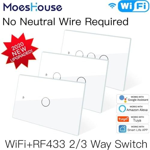 NEW WiFi Smart Light Switch RF433 No Neutral Wire Single Fire Smart Life Tuya App Control Works with Alexa Google Home 110V 220V