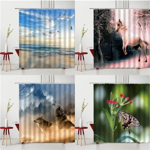 Animal Shower Curtain Seaside Bird Forest White Horse Snow Mountain Wolf Dog Waterproof Polyester Fabric Bathtub Decoration