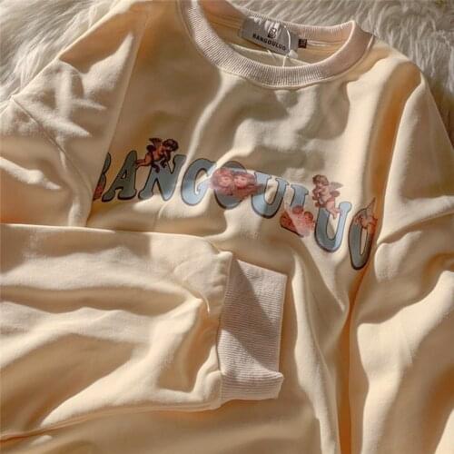 Womens Sweatshirt 2021 New Autumn Loose Korean Printed Round Neck Letter Long Sleeve Sweatshirt Casual Wn