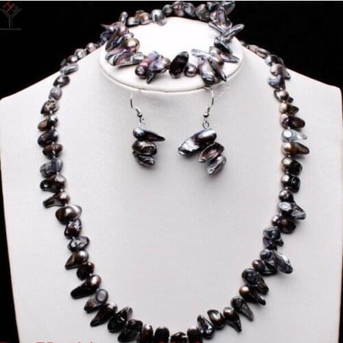 Women Jewelry Set 8-15mm Bright deep gray Baroque Pearl necklace bracelet dangle hook earring Natural Freshwater pearl