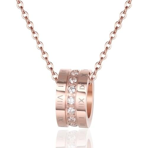 New Roman Numeral Cubic Zirconia Circle Pendant Necklace Titanium Steel Rose Gold Wedding Necklaces For Women Collier