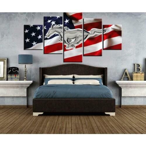 5 Piece Canvas Wall Art USA Mustang American United States Flag Painting For Living Room Modern Decoration of Bedroom Home Decor