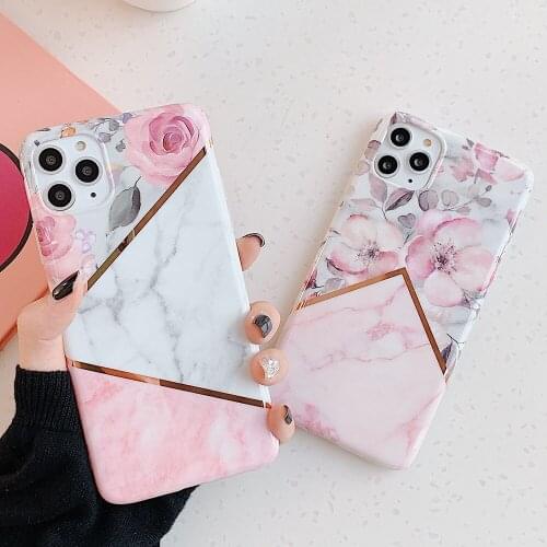 Electroplated Line Splicing Marble Flower Case For iPhone 12 mini 11 Pro Max XS Max XR 7 8 Plus X Case Soft IMD Phone Back Cover