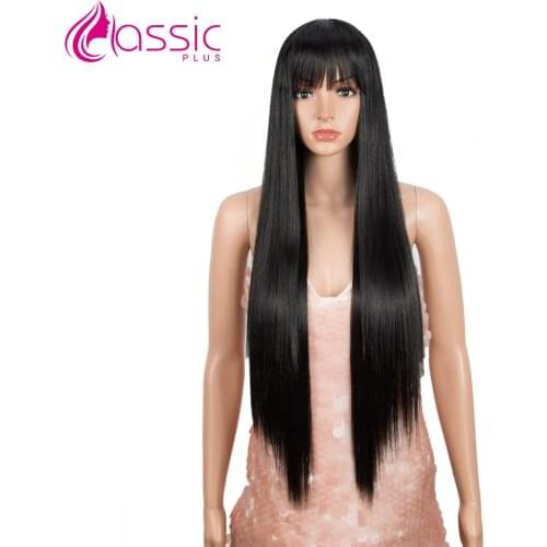 Classic Plus 32 Inch Long Straight Wig with Bang for Black Women Natural Black Synthetic Wigs Heat Resistant for Cosplay wigs